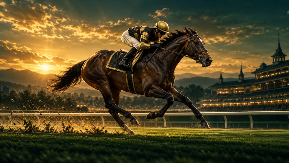 金色と黒の勝負服を着た架空の騎手と競走馬が走るオリジナルイメージ